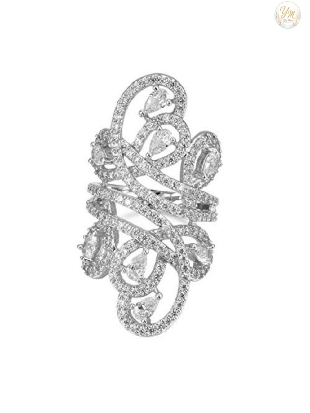 Rhodium Plated Brass Cubic Zirconia Full Finger Armor Statement Ring Size 8